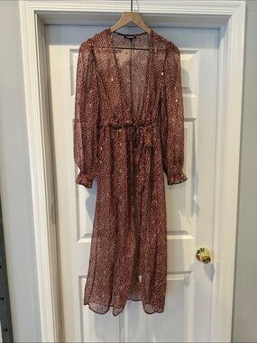 EUC ExpressSheer Burgundy Printed Long Sleeve Full Length Duster